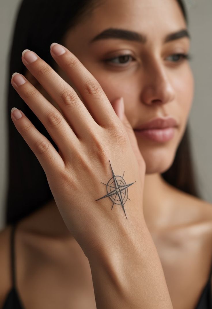 minimalist compass hand tattoo