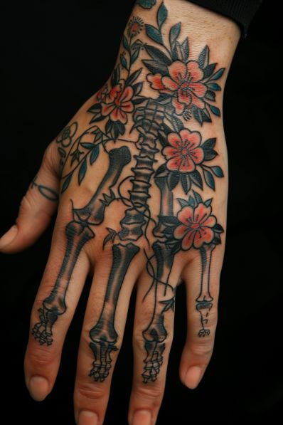 skeleton and flowers hand tattoo design