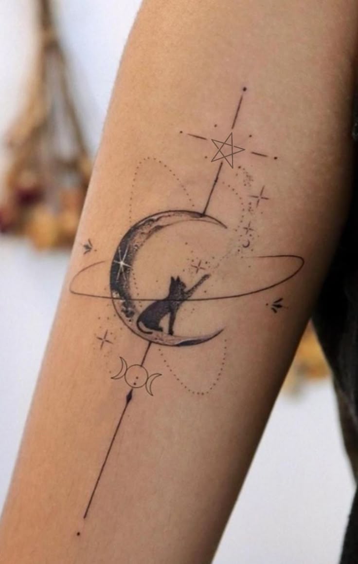 celestial cat hand tattoo design