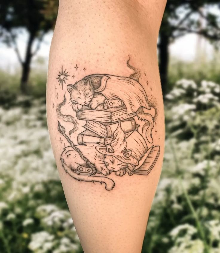Whimsical Cats and Books Tattoo