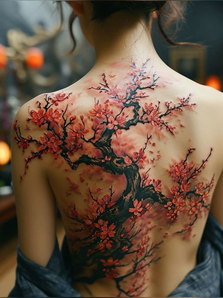 woman back red and black tattoo