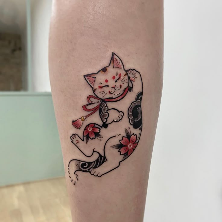 Playful Cat Japanese Tattoo