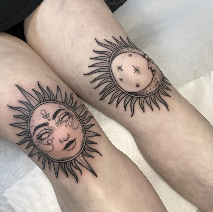 Stunning Sun and Moon Knee Tattoo Design