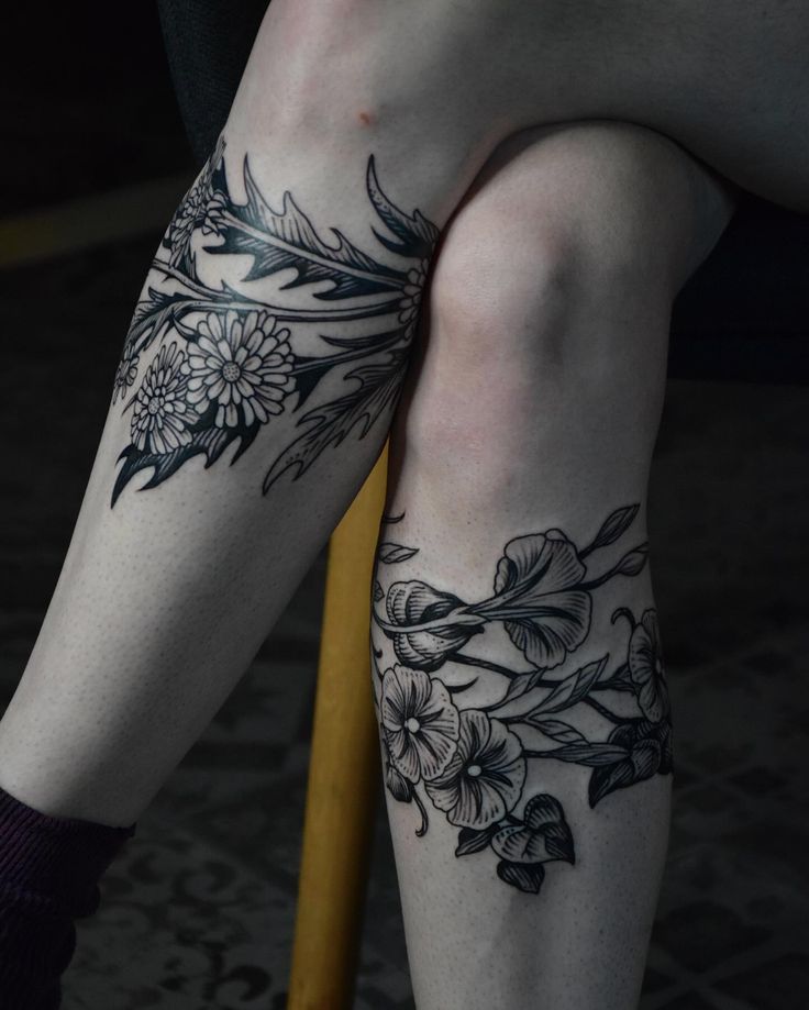 Floral Blackwork Leg Tattoo