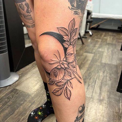 Elegant Blackwork Butterfly and Moon Leg Tattoo