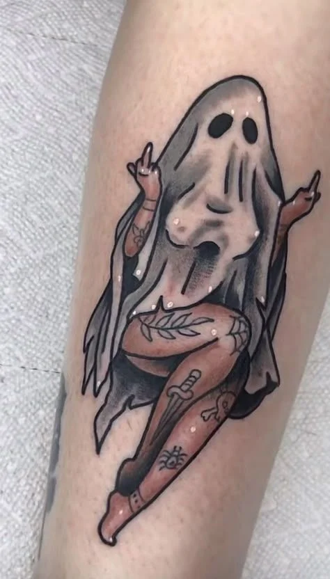 Playful Ghost Leg Tattoo for Halloween Lovers