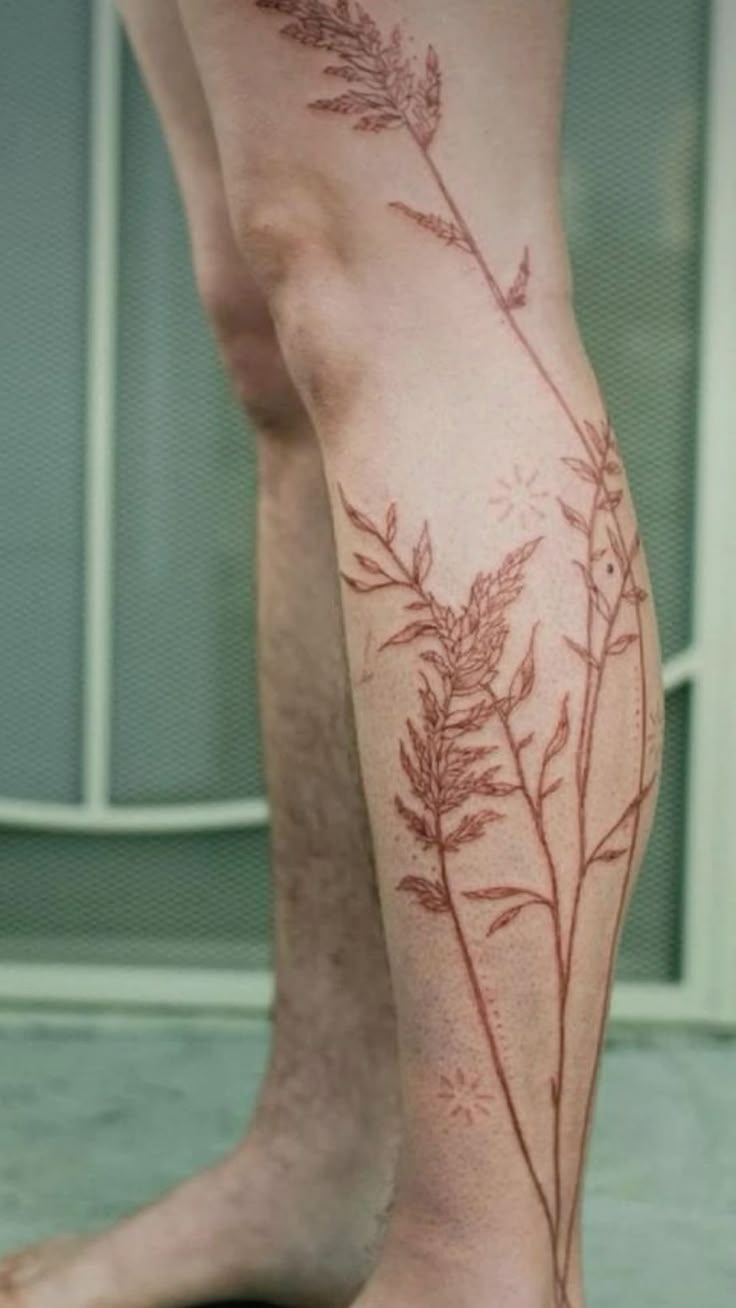 Elegant Minimalist Botanical Leg Tattoo