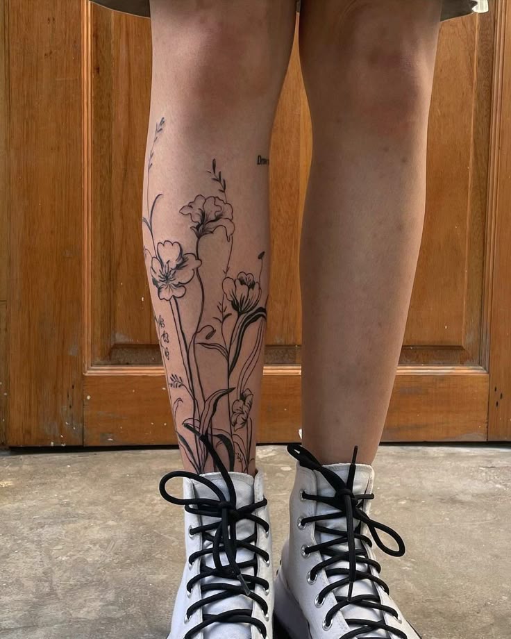 Elegant Floral Leg Tattoo