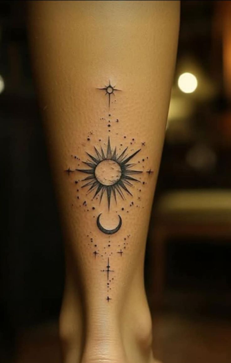 Celestial Sun and Moon Leg Tattoo