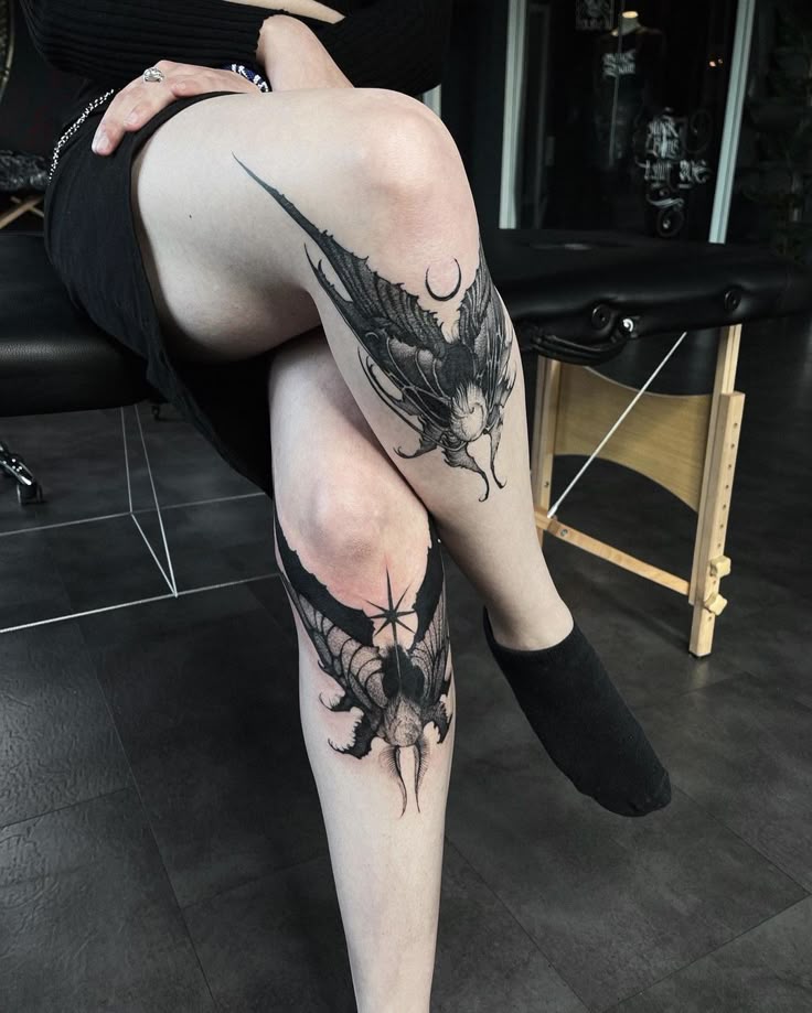 Stunning Gothic Blackwork Leg Tattoo