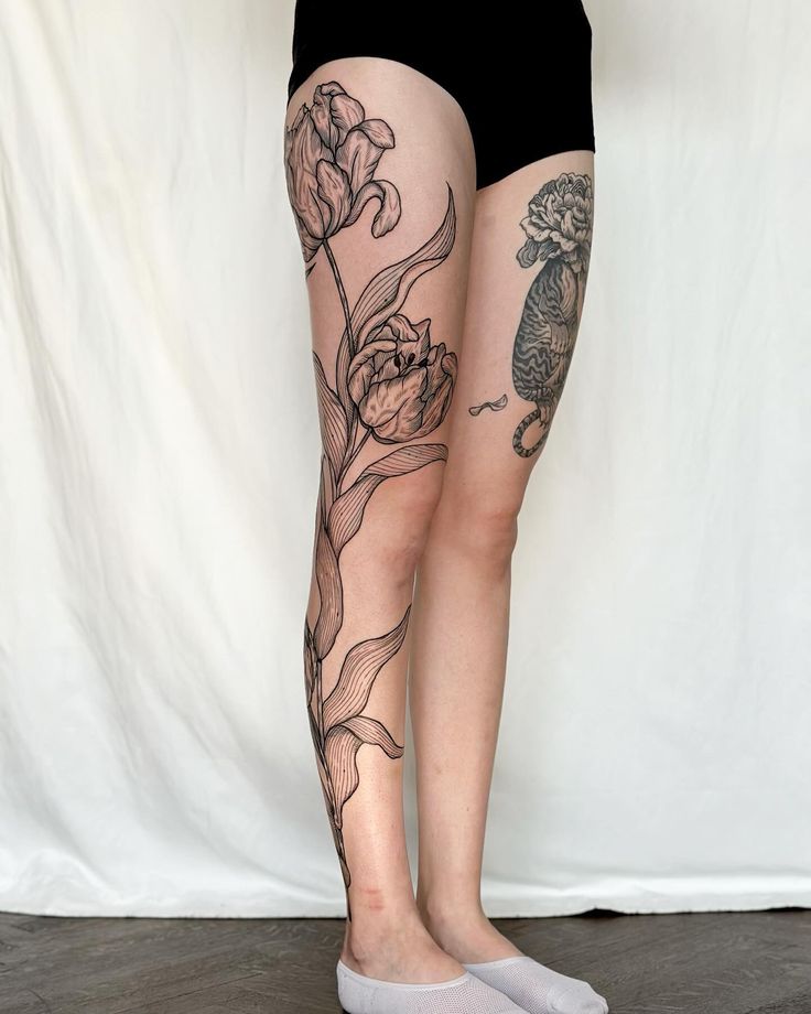Elegant Floral Leg Tattoo