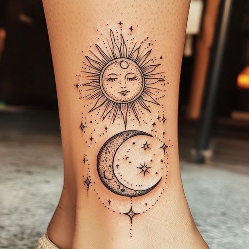 Celestial Harmony: Sun and Moon Leg Tattoo