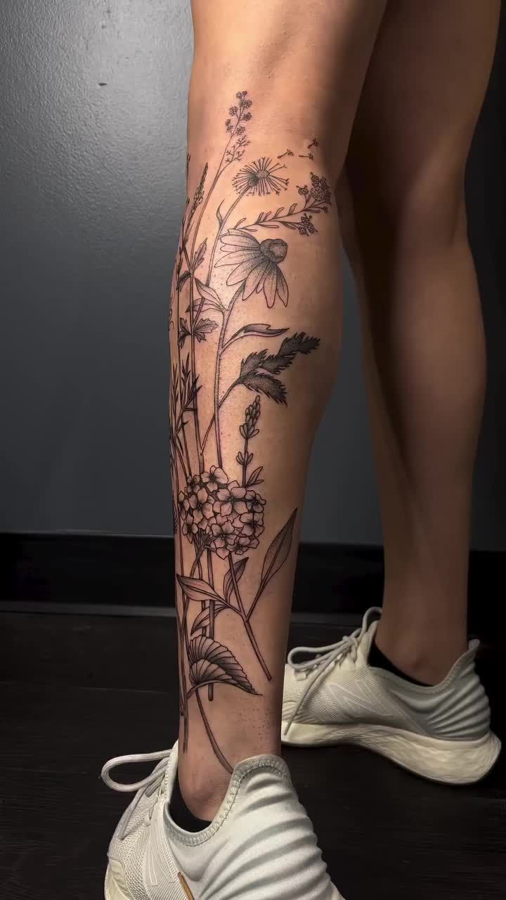 Elegant Floral Leg Sleeve Tattoo