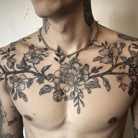 Intricate Floral Blackwork Chest Tattoo