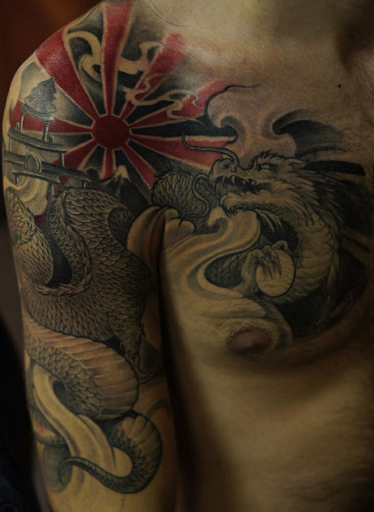 Fierce Samurai Helmet and Dragon Chest Tattoo