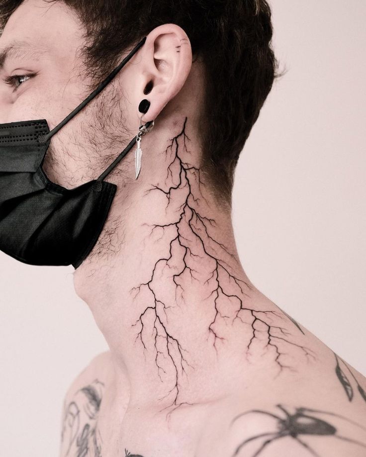 striking lightning neck tattoo design