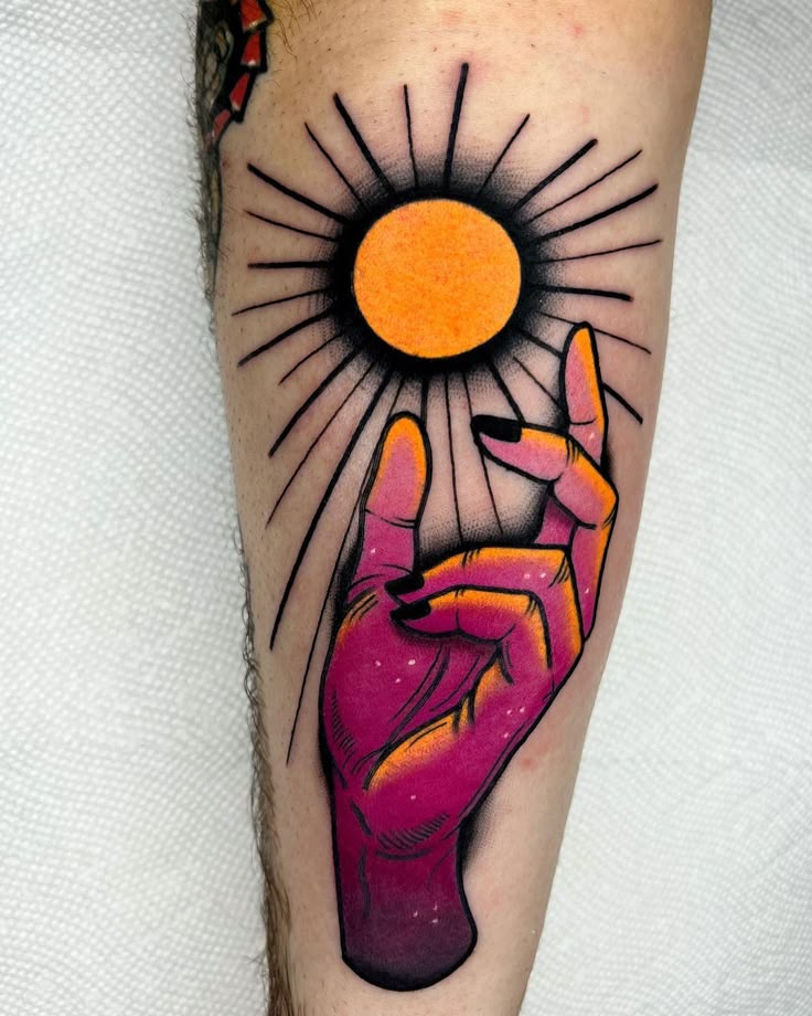 Radiant Hand and Sun Neo-Traditional Tattoo