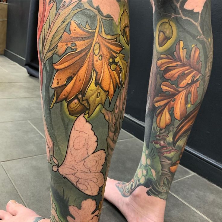 Vibrant Neo Traditional Leg Tattoo with Floral Elements