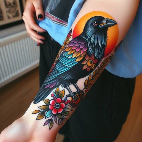 Vibrant Neo-Traditional Raven Tattoo