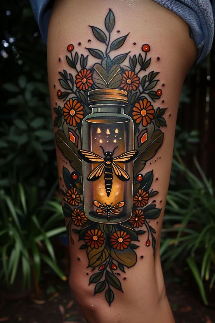 Vibrant Fireflies Neo-Traditional Tattoo