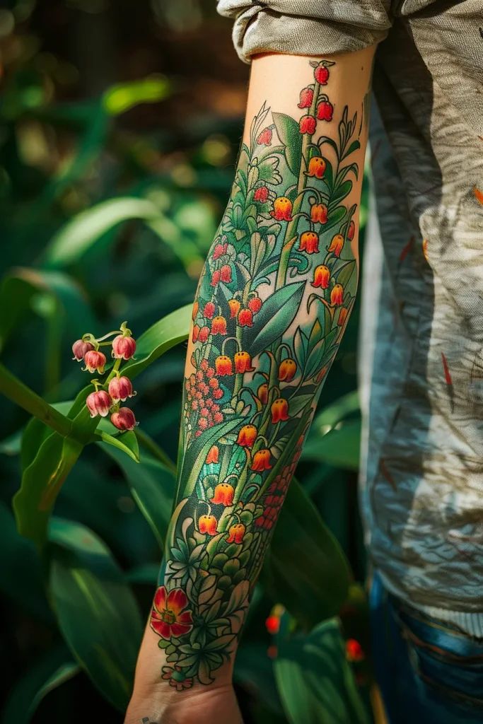 Vibrant Neo Traditional Lily of the Valley Tattoo