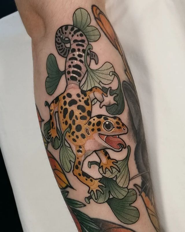Vibrant Gecko Tattoo in Neo Traditional Style