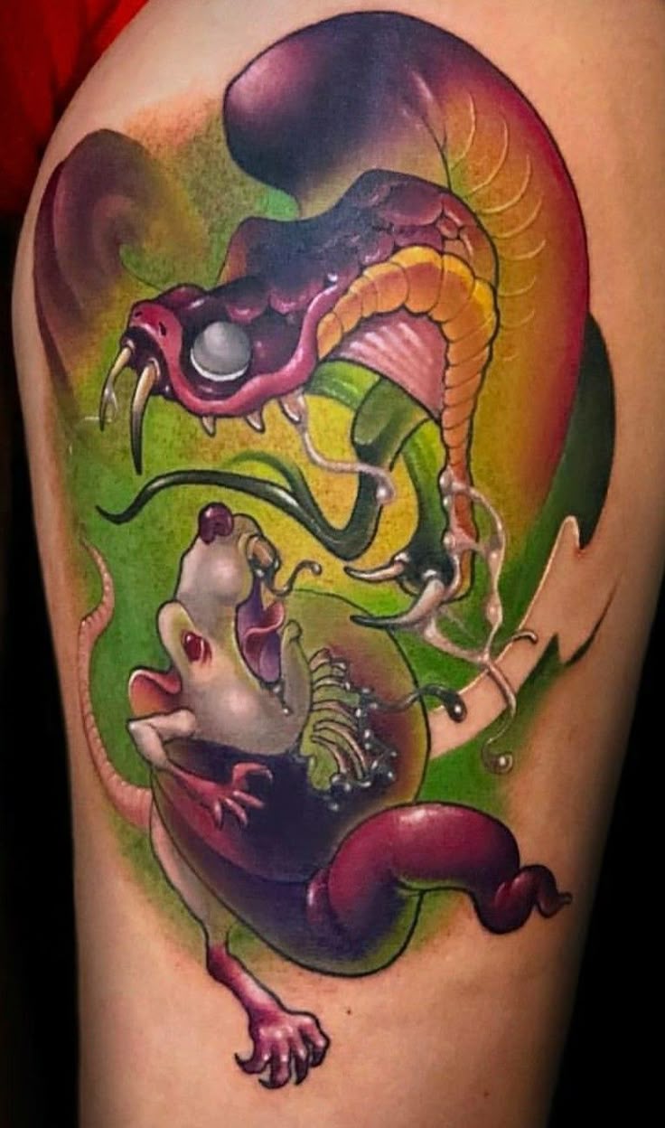 Vibrant Neo Traditional Snake and Rat Tattoo