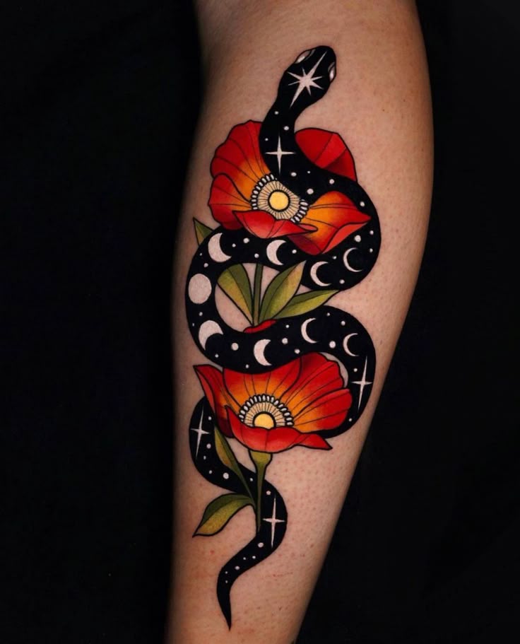 Vibrant Snake and Poppy Neo-Traditional Sleeve Tattoo