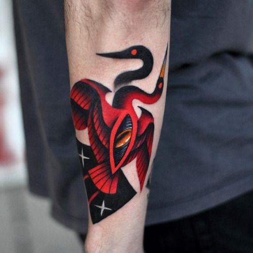 Vibrant Devil Bird Crane Tattoo