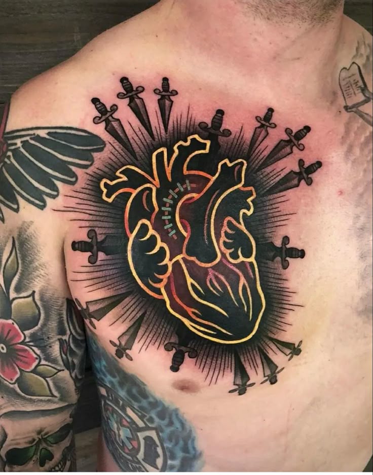 Vibrant Heart and Swords Tattoo