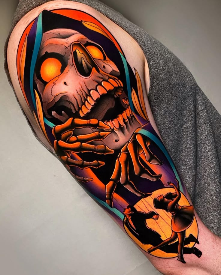 a man's arm with a skeleton tattoo on it and an orange light coming from his eye