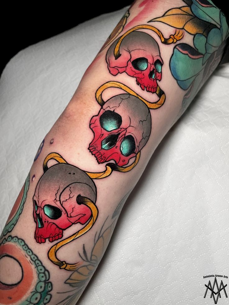 Vibrant Neo-Traditional Skull Tattoo