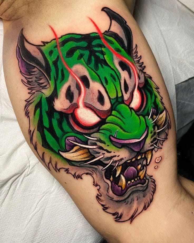 Vibrant Neo-Traditional Tiger Head Tattoo