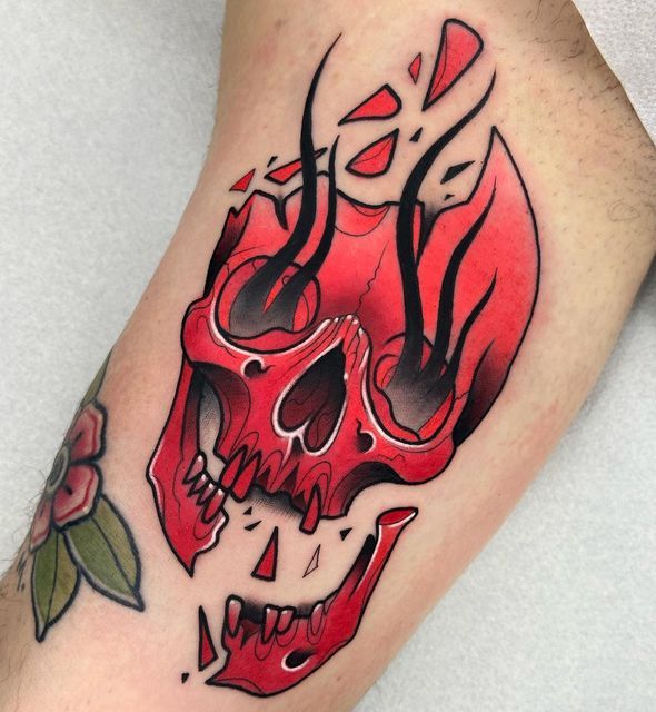 Vibrant Red Bear Skull Tattoo
