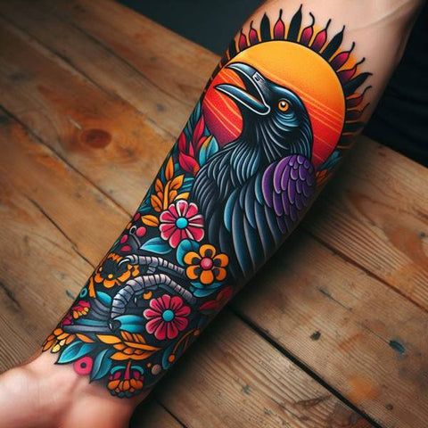 Vibrant New School Raven Tattoo Design
