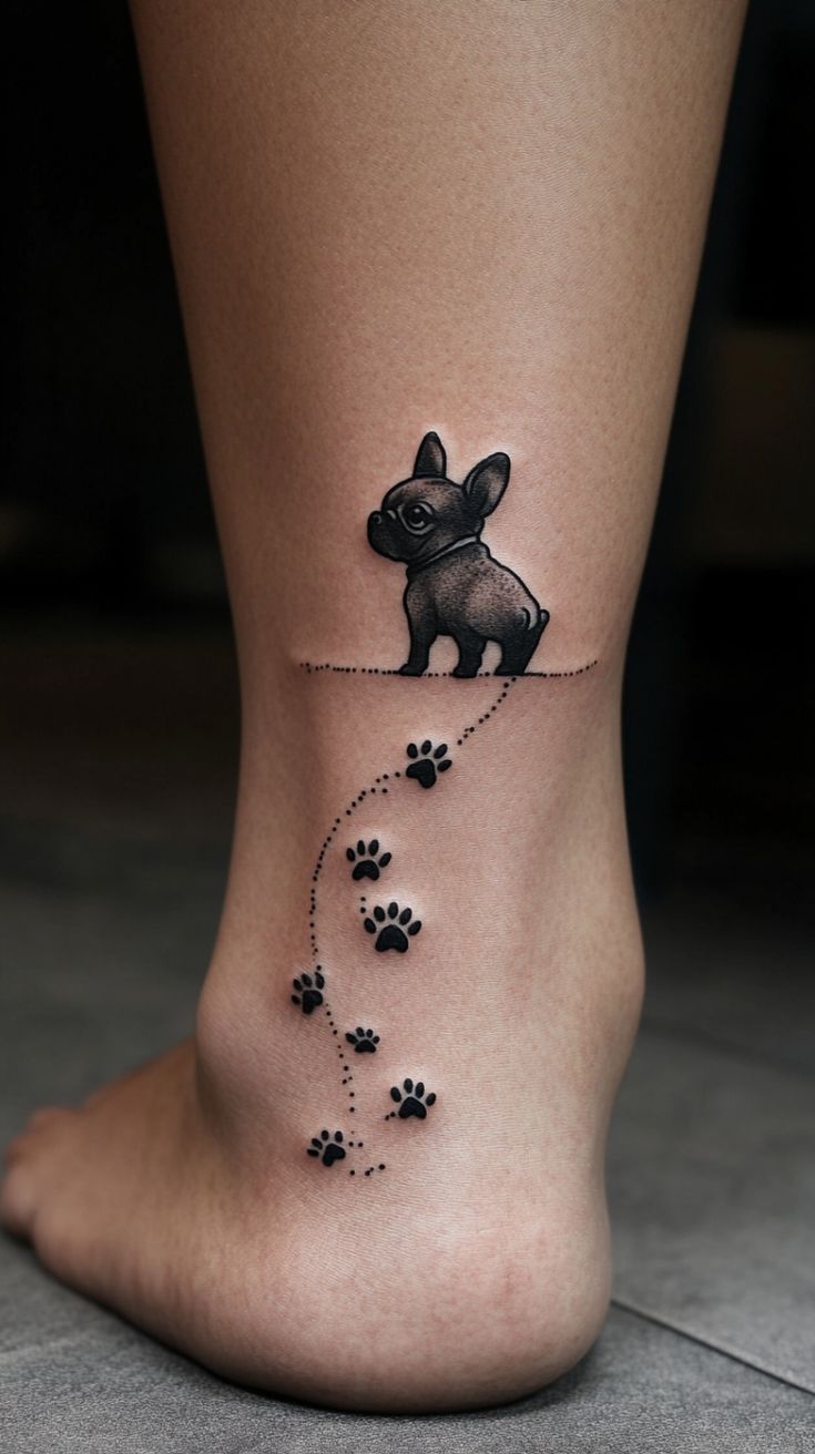 Charming French Bulldog Ankle Tattoo with Paw Prints