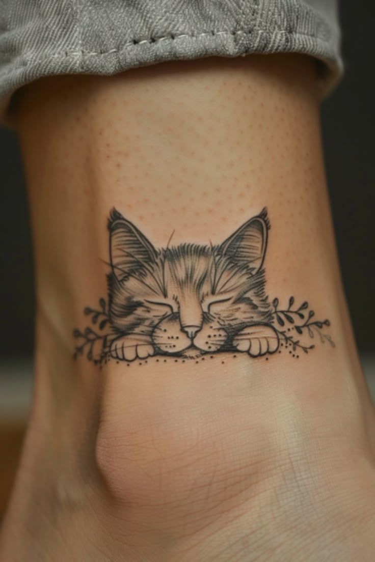 Charming Sleeping Cat Ankle Tattoo 🐾