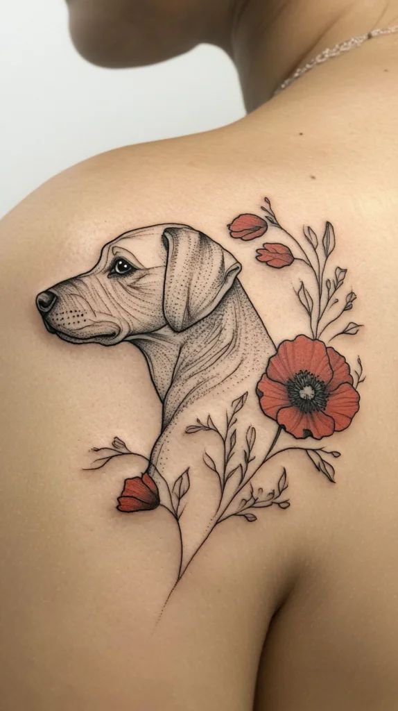 Elegant Minimalist Dog and Flower Tattoo