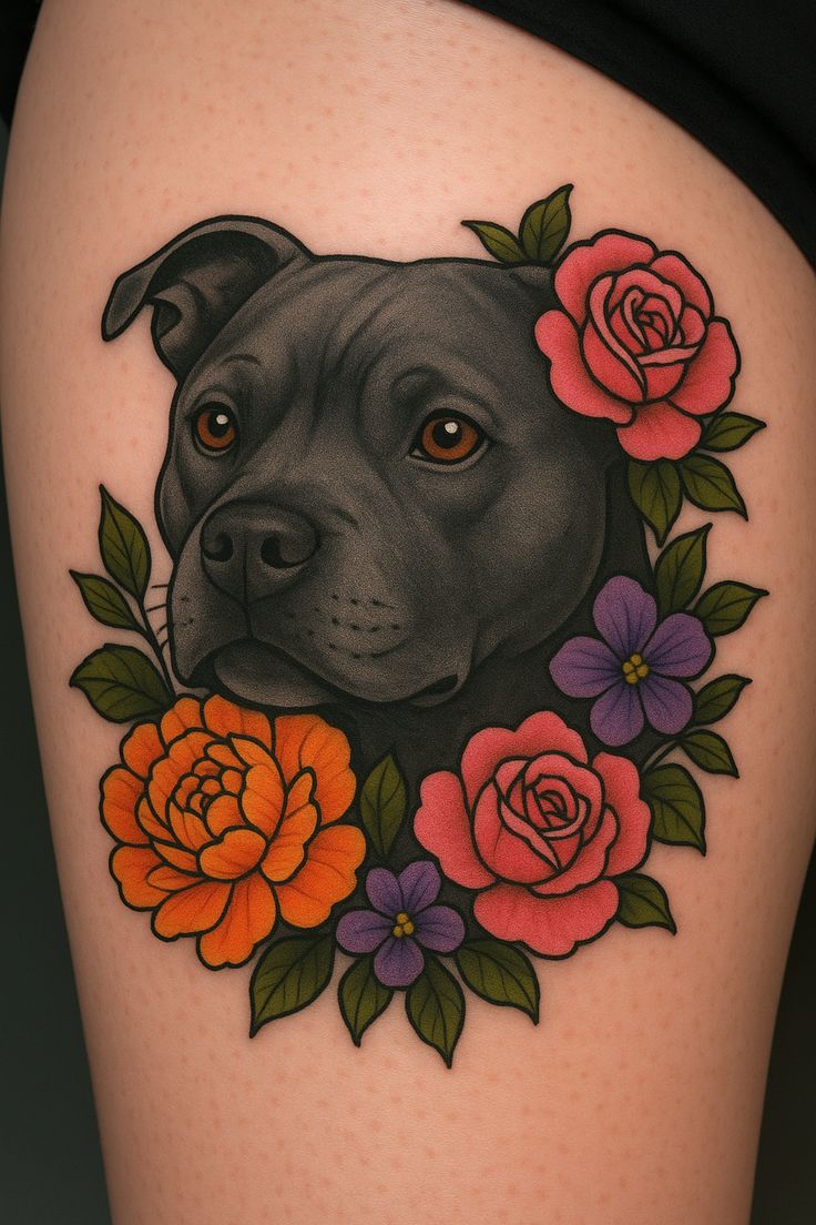 vibrant staffordshire bull terrier tattoo with flowers