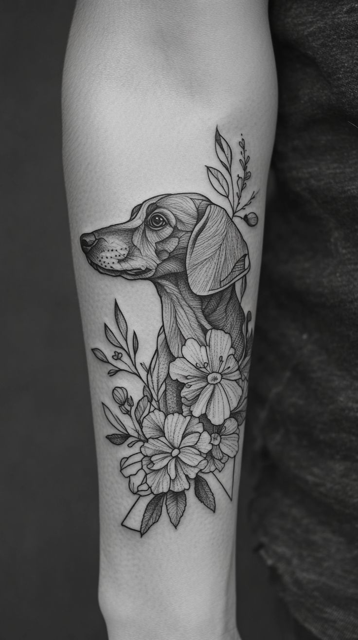 Elegant Dachshund Tattoo with Floral Accents