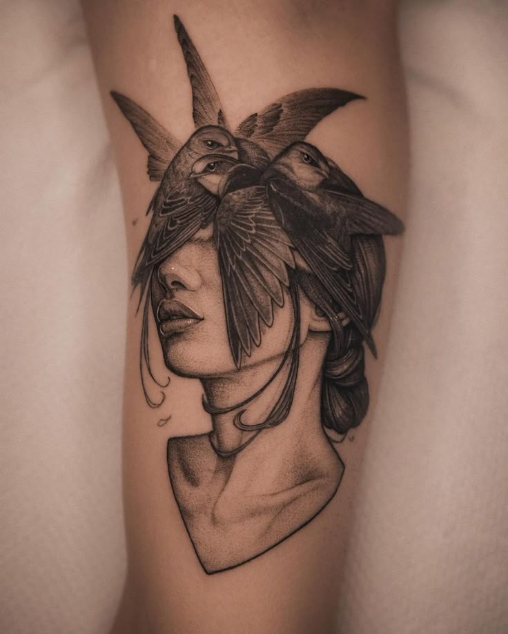 Stunning Realistic Portrait with Birds Tattoo