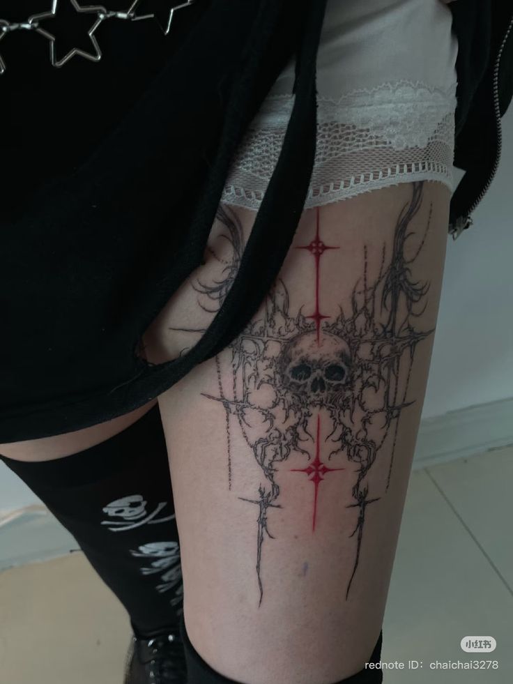 Intricate Gothic Skull Thigh Tattoo