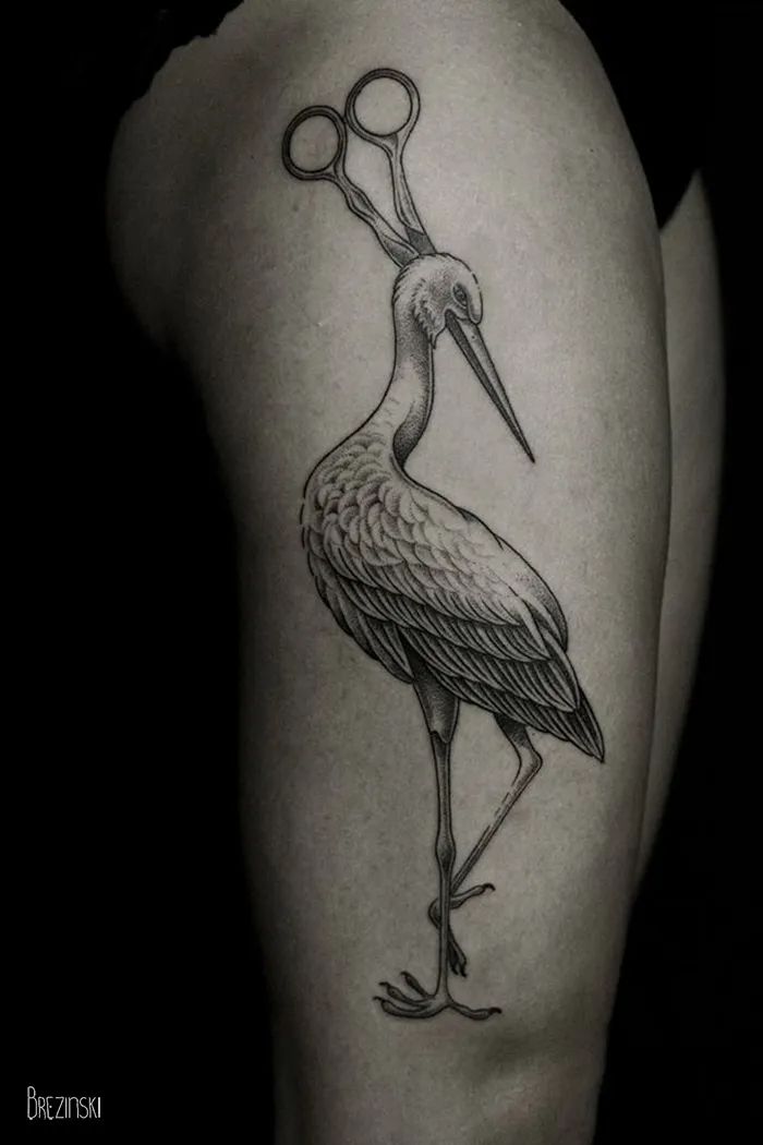 Surreal Stork Tattoo with Scissors