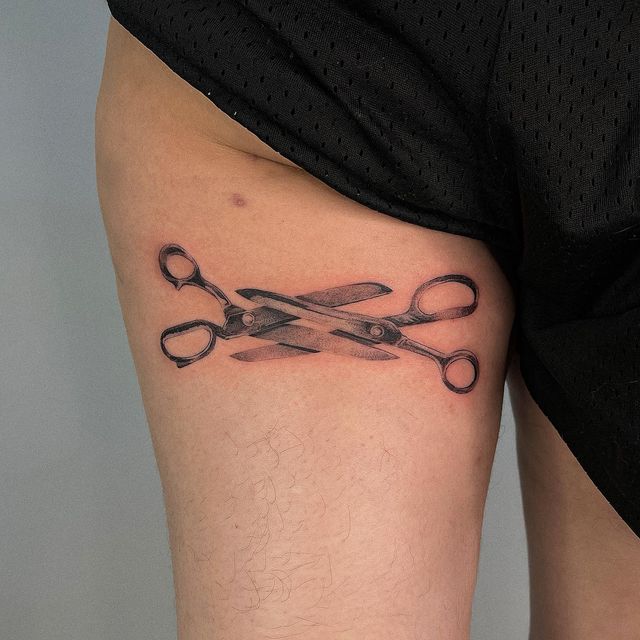 Intricate Scissors Thigh Tattoo