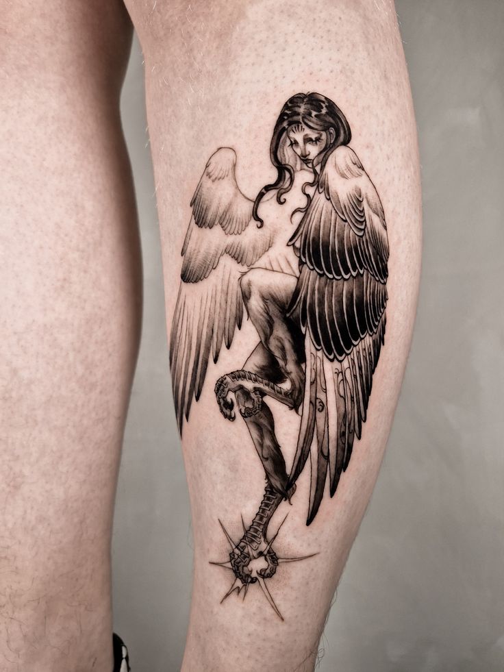 Stunning Realistic Angel Thigh Tattoo