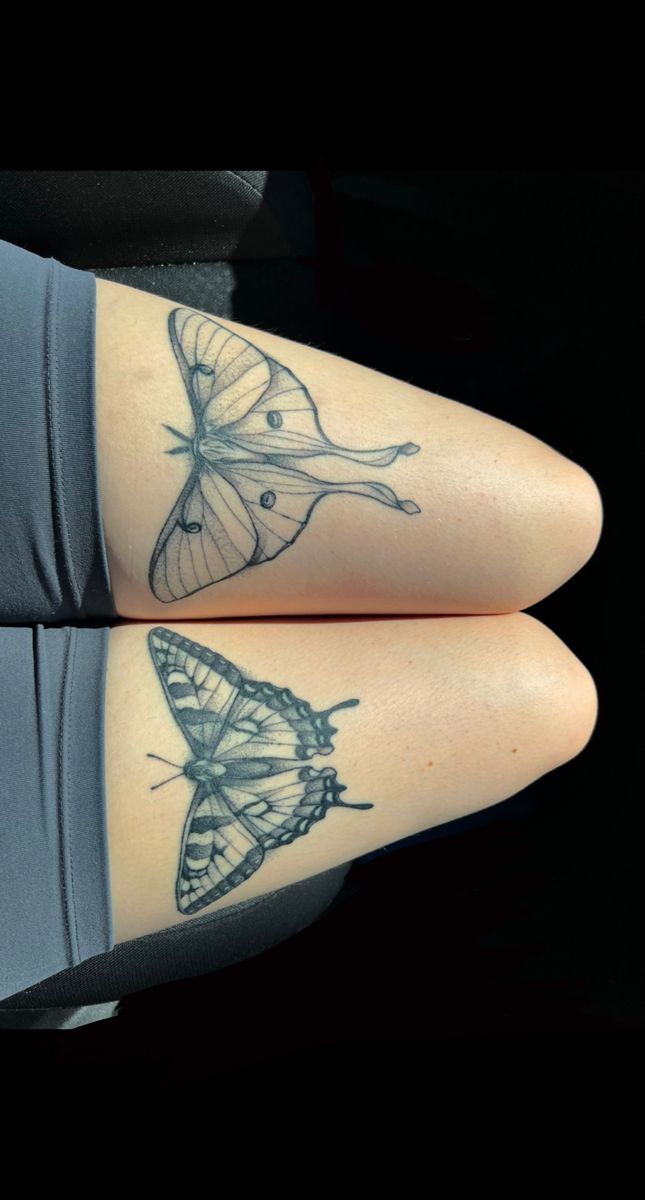 Elegant Butterfly and Moth Thigh Tattoo