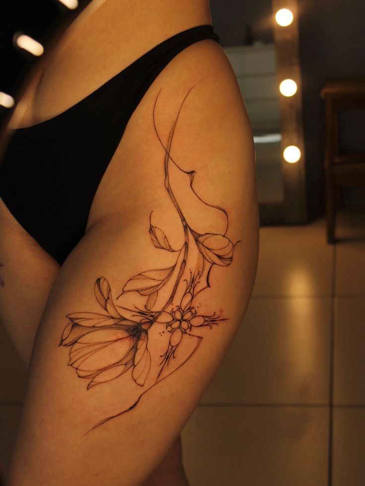 Elegant Floral Thigh Tattoo Design