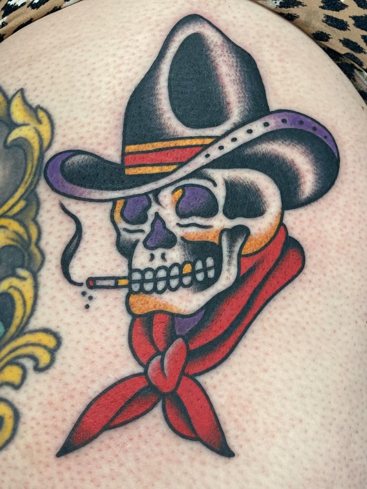 Vibrant Cowboy Skull Tattoo
