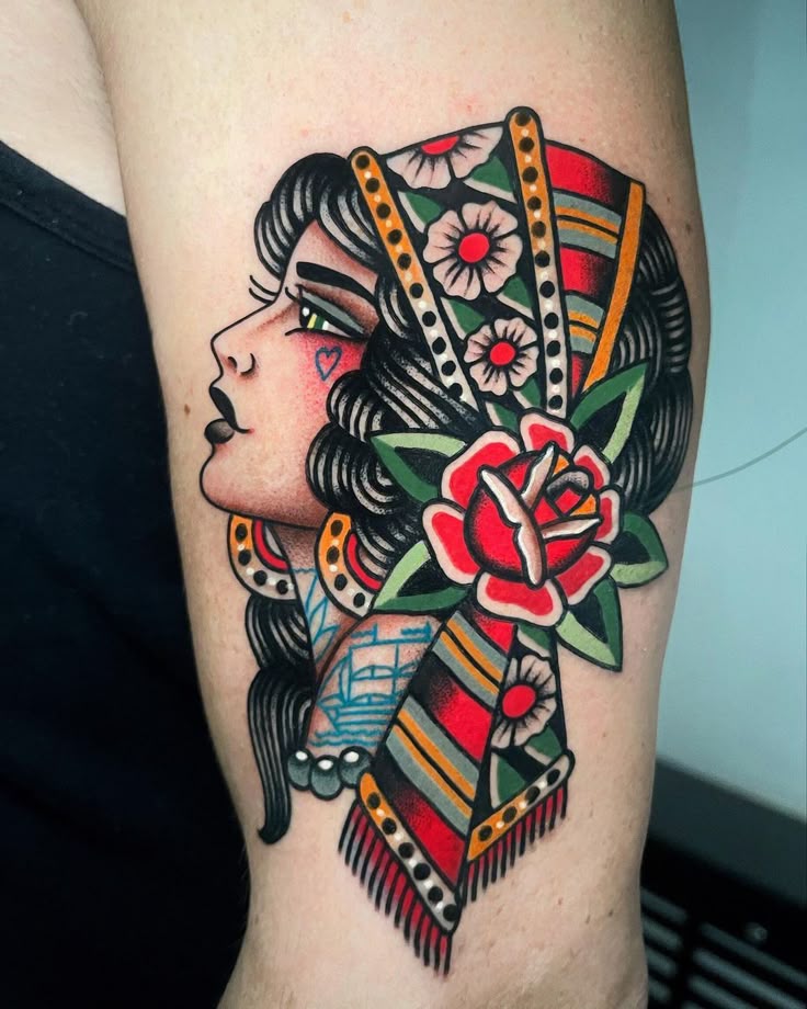 Vibrant Traditional Woman Tattoo