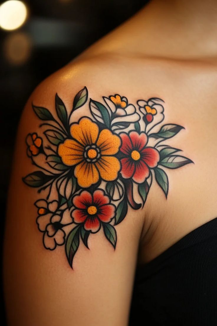Vibrant Traditional Flower Shoulder Tattoo